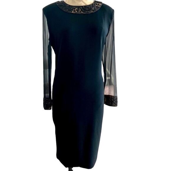 Oleg Cassini Black Tie Formal Shift Black 
Dress Beaded Neckline and Cuffs - Picture 8 of 15